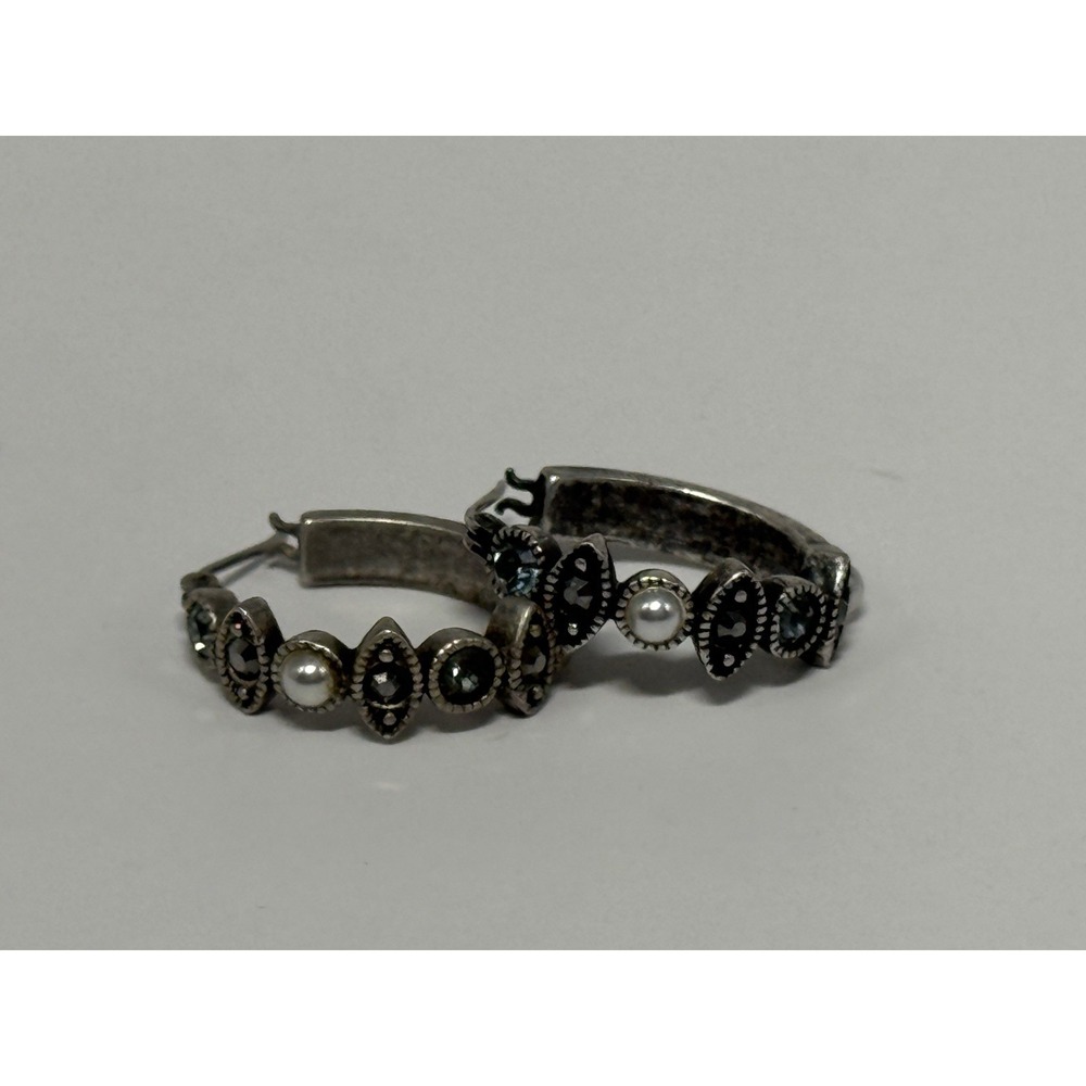 Vintage Sterling Silver Marcasite Onyx Pearl Hoop Earrings Black Pearls